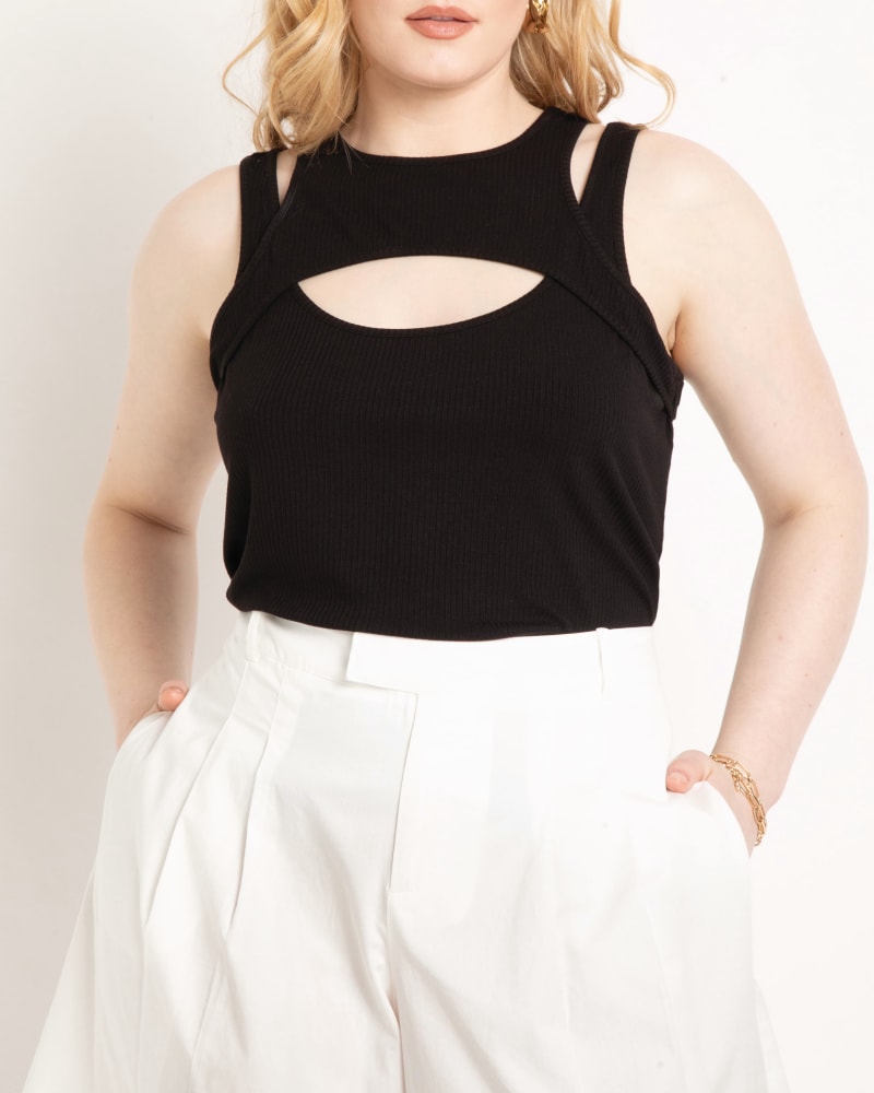 Front of a model wearing a size 14|16 Avery Overlay Detail Tank in Totally Black by ELOQUII. | dia_product_style_image_id:204048
